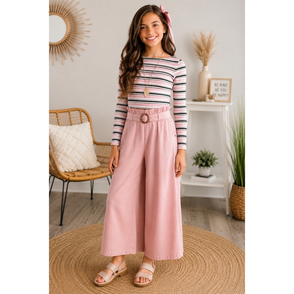 Knit Works Girls Pink Striped Ribbed Top and Wide Leg‎ Culotte Pant Set Size 7/8